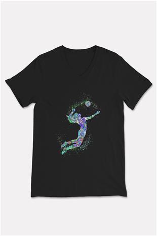 Voleybol - Volleyball Baskılı Unisex Siyah V Yaka Tişört