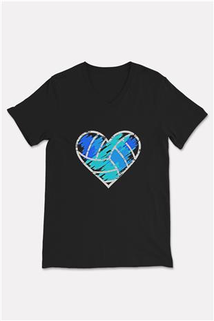 Voleybol - Volleyball Baskılı Unisex Siyah V Yaka Tişört