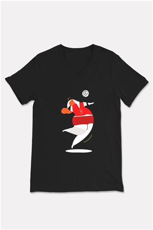 Voleybol - Volleyball Baskılı Unisex Siyah V Yaka Tişört