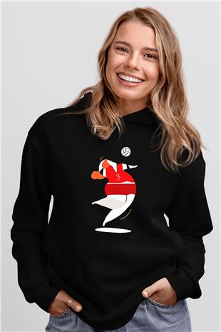 Voleybol - Volleyball Baskılı Unisex Siyah Kapüşonlu Sweatshirt