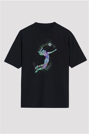 Voleybol - Volleyball Baskılı Unisex Siyah Oversize Tişört