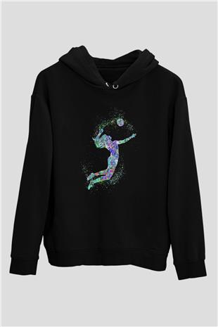Voleybol - Volleyball Baskılı Unisex Siyah Kapüşonlu Sweatshirt