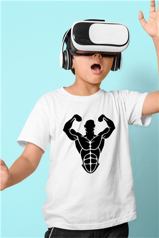 Vücut geliştirme Baskılı Beyaz Unisex Çocuk Tişört