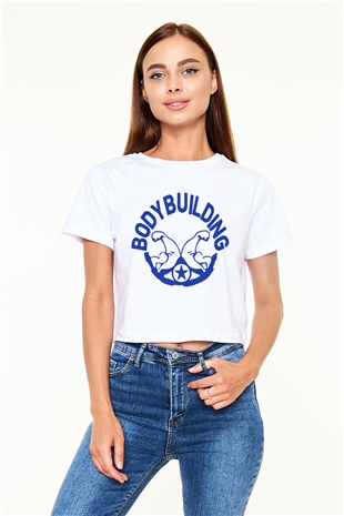 Vücut geliştirme Beyaz Croptop Tişört