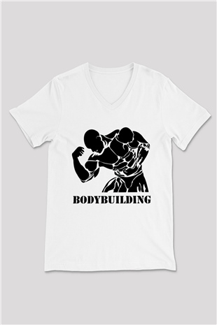 Vücut geliştirme Beyaz Unisex V Yaka Tişört T-Shirt