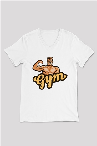 Vücut geliştirme Beyaz Unisex V Yaka Tişört