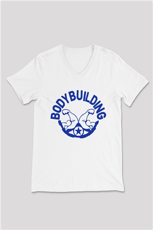 Vücut geliştirme Beyaz Unisex V Yaka Tişört T-Shirt