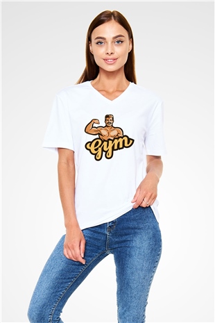 Vücut geliştirme Beyaz Unisex V Yaka Tişört