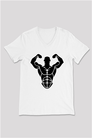Vücut geliştirme Beyaz Unisex V Yaka Tişört T-Shirt