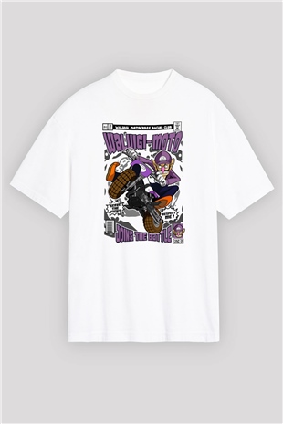Waluigi-Moto Baskılı Unisex Beyaz Oversize Tişört
