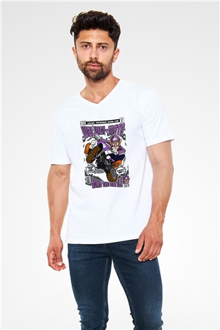 Waluigi-Moto Baskılı Unisex Beyaz V Yaka Tişört