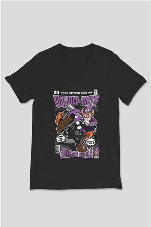 Waluigi Motocross Baskılı Unisex Siyah V Yaka Tişört