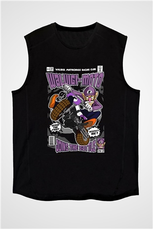 Waluigi Motocross Baskılı Unisex Siyah Kolsuz Tişört