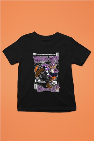 Waluigi Motocross Baskılı Unisex Siyah Çocuk Tişört