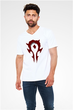Warcraft Beyaz Unisex V Yaka Tişört T-Shirt