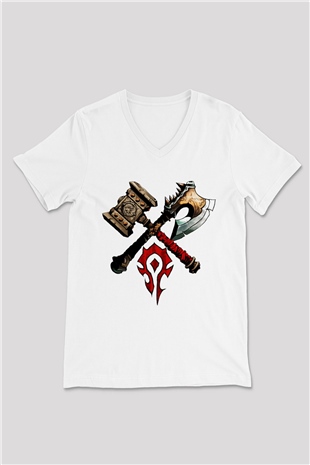 Warcraft Beyaz Unisex V Yaka Tişört T-Shirt