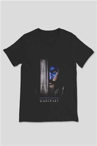Warcraft Siyah Unisex V Yaka Tişört T-Shirt