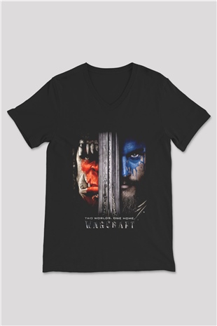 Warcraft Siyah Unisex V Yaka Tişört T-Shirt