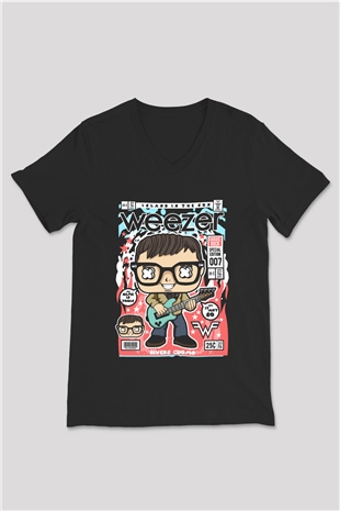 Weezer Baskılı Unisex Siyah V Yaka Tişört