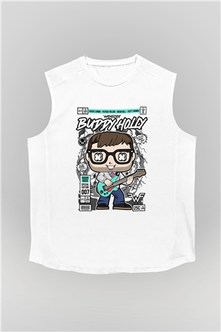 Weezer Buddy Holly Baskılı Unisex Beyaz Kolsuz Tişört
