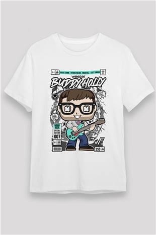 Weezer Buddy Holly Baskılı Unisex Beyaz Tişört