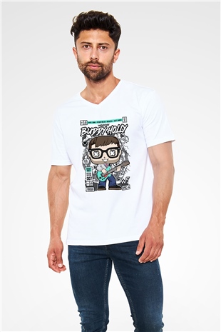 Weezer Buddy Holly Baskılı Unisex Beyaz V Yaka Tişört