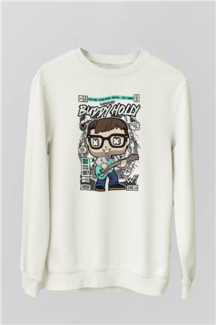 Weezer Buddy Holly Baskılı Unisex Beyaz Sweatshirt
