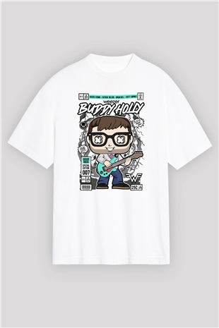 Weezer Buddy Holly Baskılı Unisex Beyaz Oversize Tişört