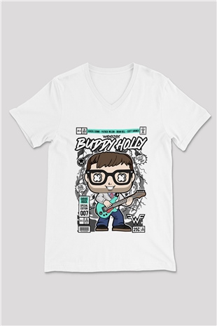 Weezer Buddy Holly Baskılı Unisex Beyaz V Yaka Tişört
