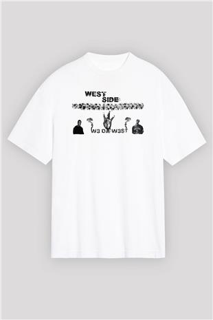 West Side Connection Baskılı Beyaz Unisex Oversize Tişört - Tshirt