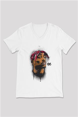 West Side Connection Baskılı Beyaz Unisex V Yaka Tişört - Tshirt