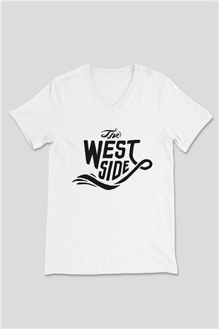 West Side Connection Baskılı Beyaz Unisex V Yaka Tişört - Tshirt