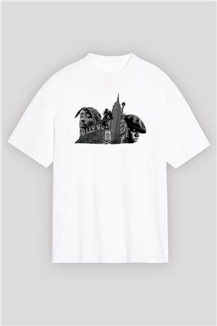 West Side Connection Baskılı Beyaz Unisex Oversize Tişört - Tshirt