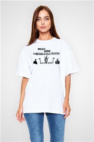 West Side Connection Baskılı Beyaz Unisex Oversize Tişört - Tshirt