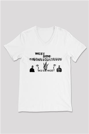 West Side Connection Baskılı Beyaz Unisex V Yaka Tişört - Tshirt