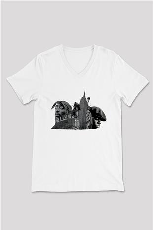 West Side Connection Baskılı Beyaz Unisex V Yaka Tişört - Tshirt
