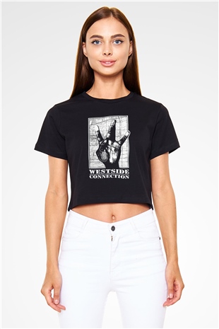 West Side Connection Baskılı Siyah Crop Top Kadın Tişört - Tshirt
