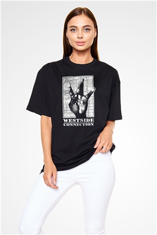 West Side Connection Baskılı Unisex Siyah Oversize Tişört - Tshirt