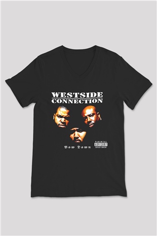 West Side Connection Baskılı Unisex Siyah V Yaka Tişört - Tshirt