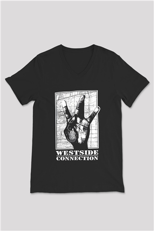 West Side Connection Baskılı Unisex Siyah V Yaka Tişört - Tshirt
