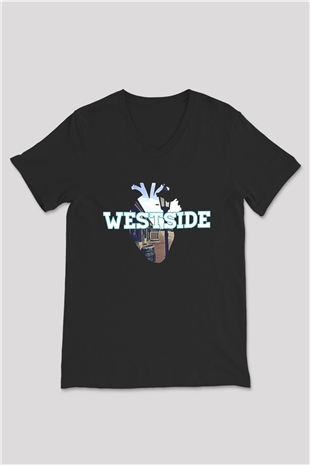 West Side Connection Baskılı Unisex Siyah V Yaka Tişört - Tshirt