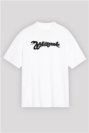 Whitesnake Baskılı Beyaz Unisex Oversize Tişört - Tshirt