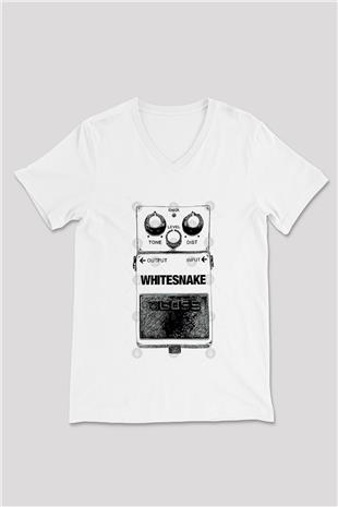 Whitesnake Baskılı Beyaz Unisex V Yaka Tişört - Tshirt