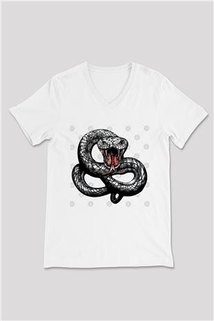 Whitesnake Baskılı Beyaz Unisex V Yaka Tişört - Tshirt