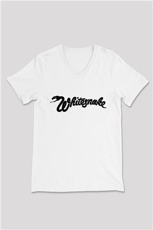 Whitesnake Baskılı Beyaz Unisex V Yaka Tişört - Tshirt