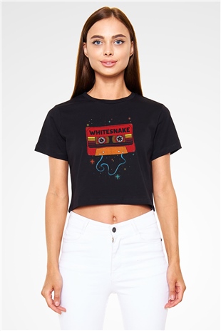 Whitesnake Baskılı Siyah Crop Top Kadın Tişört - Tshirt