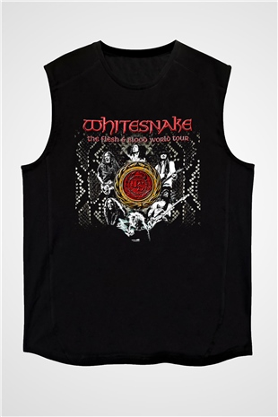 Whitesnake Baskılı Unisex Siyah Kolsuz Tişört - Tshirt