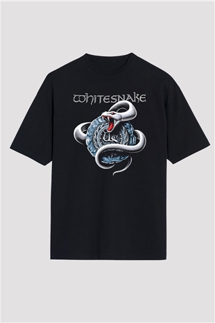 Whitesnake Baskılı Unisex Siyah Oversize Tişört - Tshirt