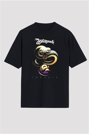 Whitesnake Baskılı Unisex Siyah Oversize Tişört - Tshirt