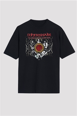 Whitesnake Baskılı Unisex Siyah Oversize Tişört - Tshirt